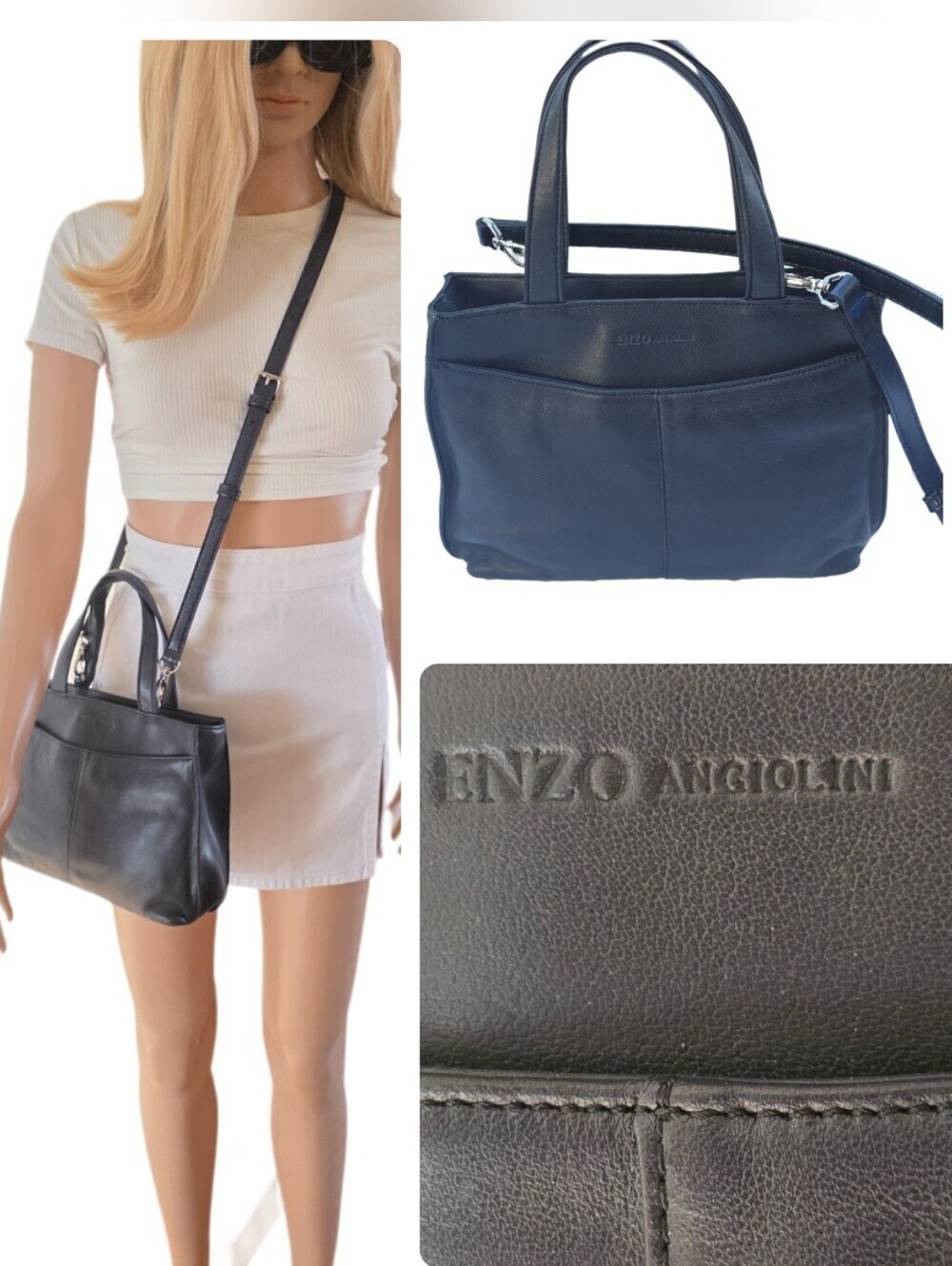 Enzo Angiolini Deep Navy/Midnight Blue Leather Convertible Satchel Crossbody